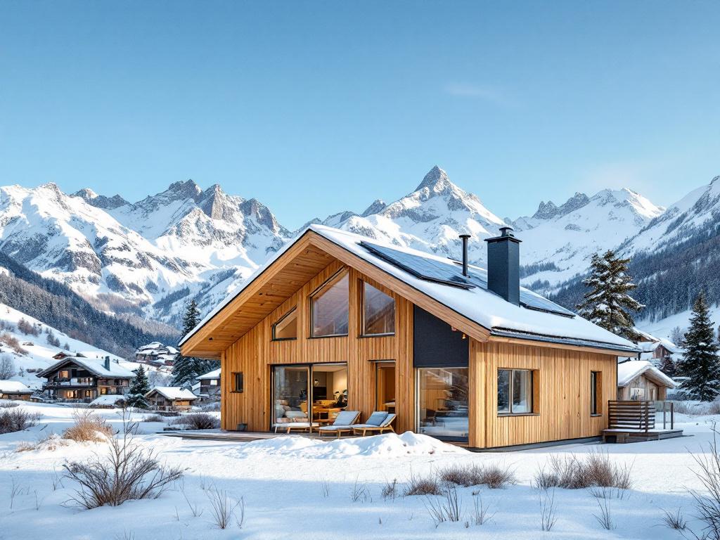Maison alpine bien isolée dans les Hautes-Alpes, entourée de montagnes enneigées, avec des panneaux solaires et une isolation en fibre de bois visible.