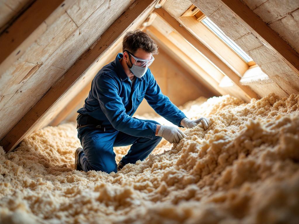 Technicien professionnel posant de l'isolation écologique en ouate de cellulose dans les combles d'une maison alpine, montrant les détails techniques de l'installation.