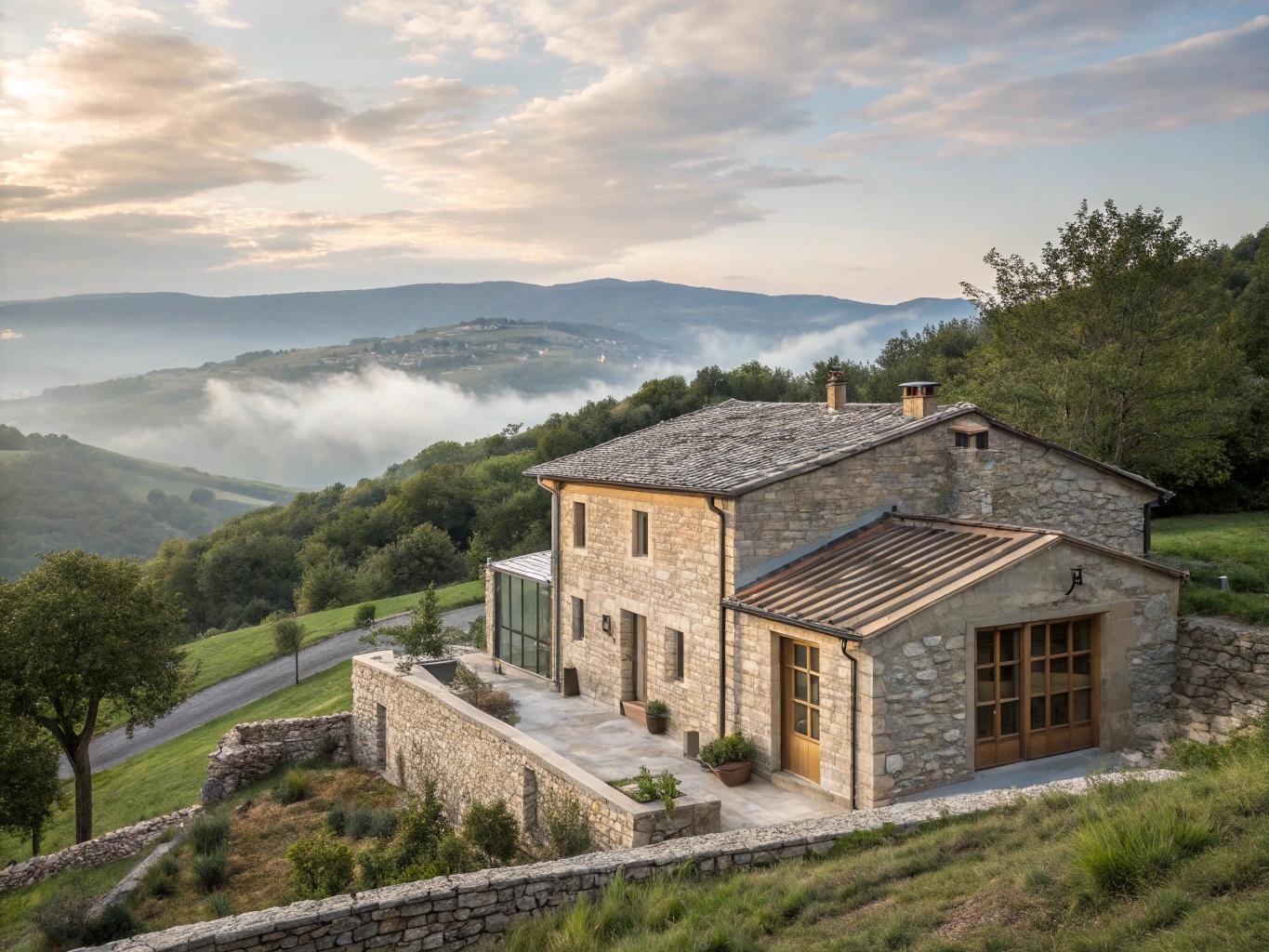 Maison traditionnelle ardéchoise en pierre avec isolation en fibre de bois, intégrée dans un paysage de collines.