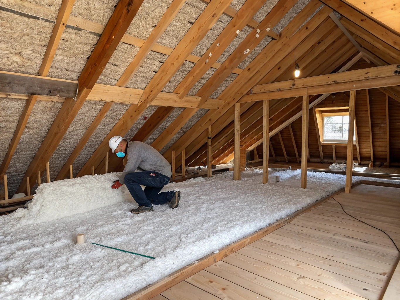 Pose d'isolation en ouate de cellulose dans les combles d'une maison ardéchoise en bois.