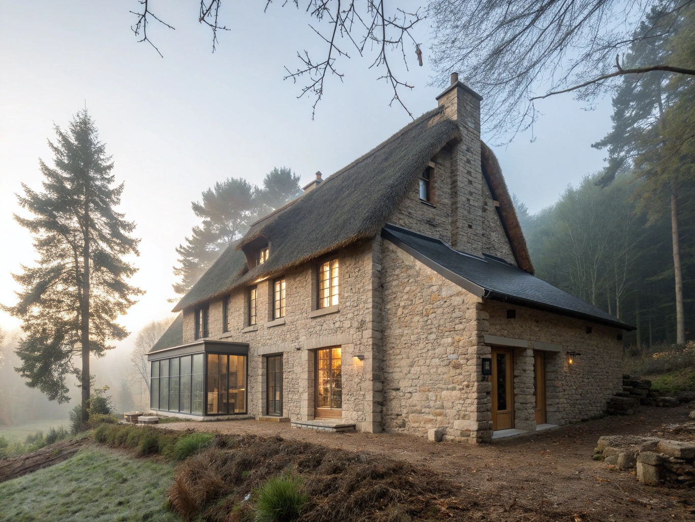 Maison ardennaise traditionnelle en pierre avec isolation renforcée, entourée de forêts et de brume matinale.