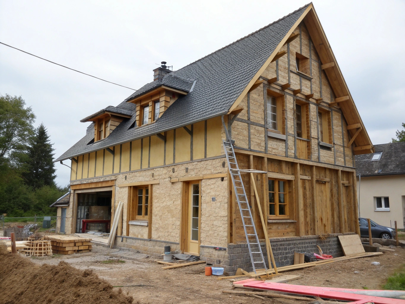 Maison ardennaise en cours de rénovation avec isolation extérieure en fibre de bois, montrant les différentes couches.