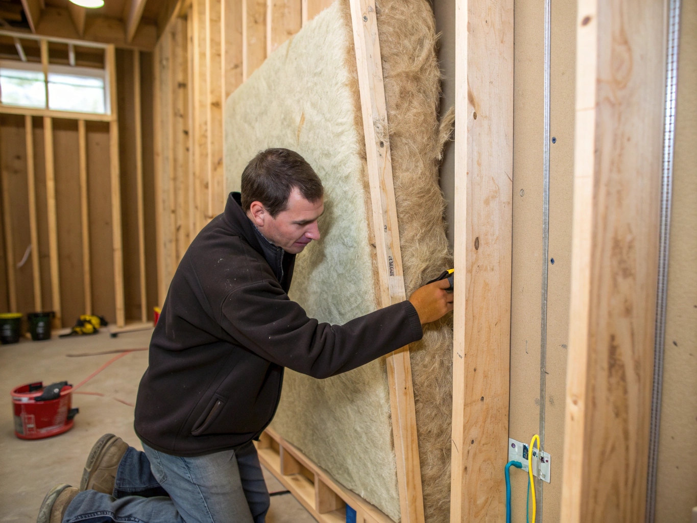 Artisan en train de poser précisément une isolation en fibre de bois entre les montants d'une ossature, illustrant le savoir-faire nécessaire pour une isolation performante.