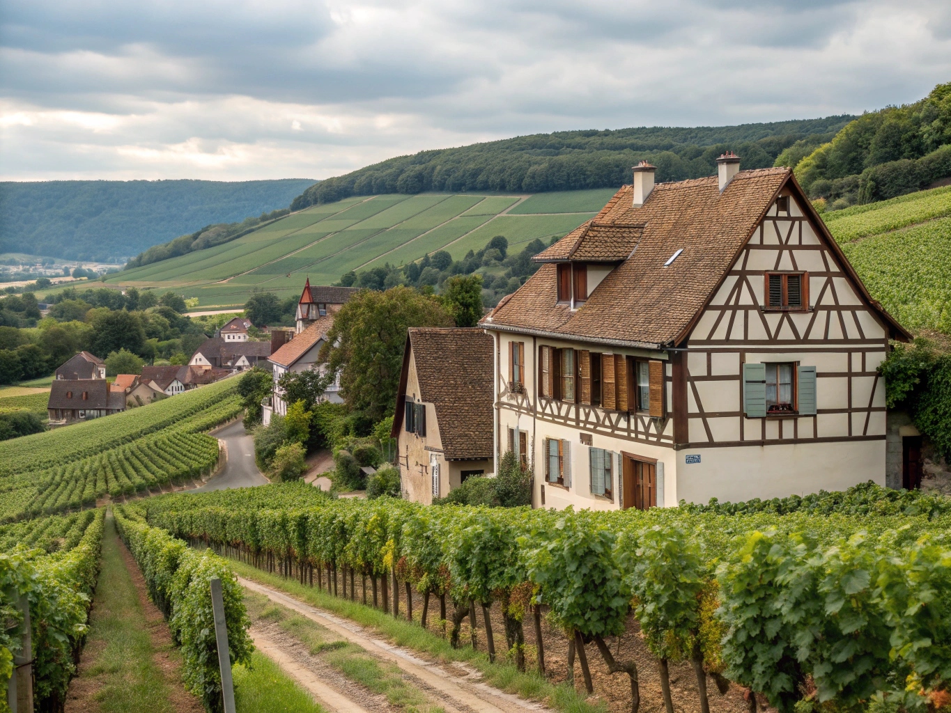 Paysage aubois typique avec maisons à colombages et champs de vignobles, illustrant le contexte architectural et climatique local.