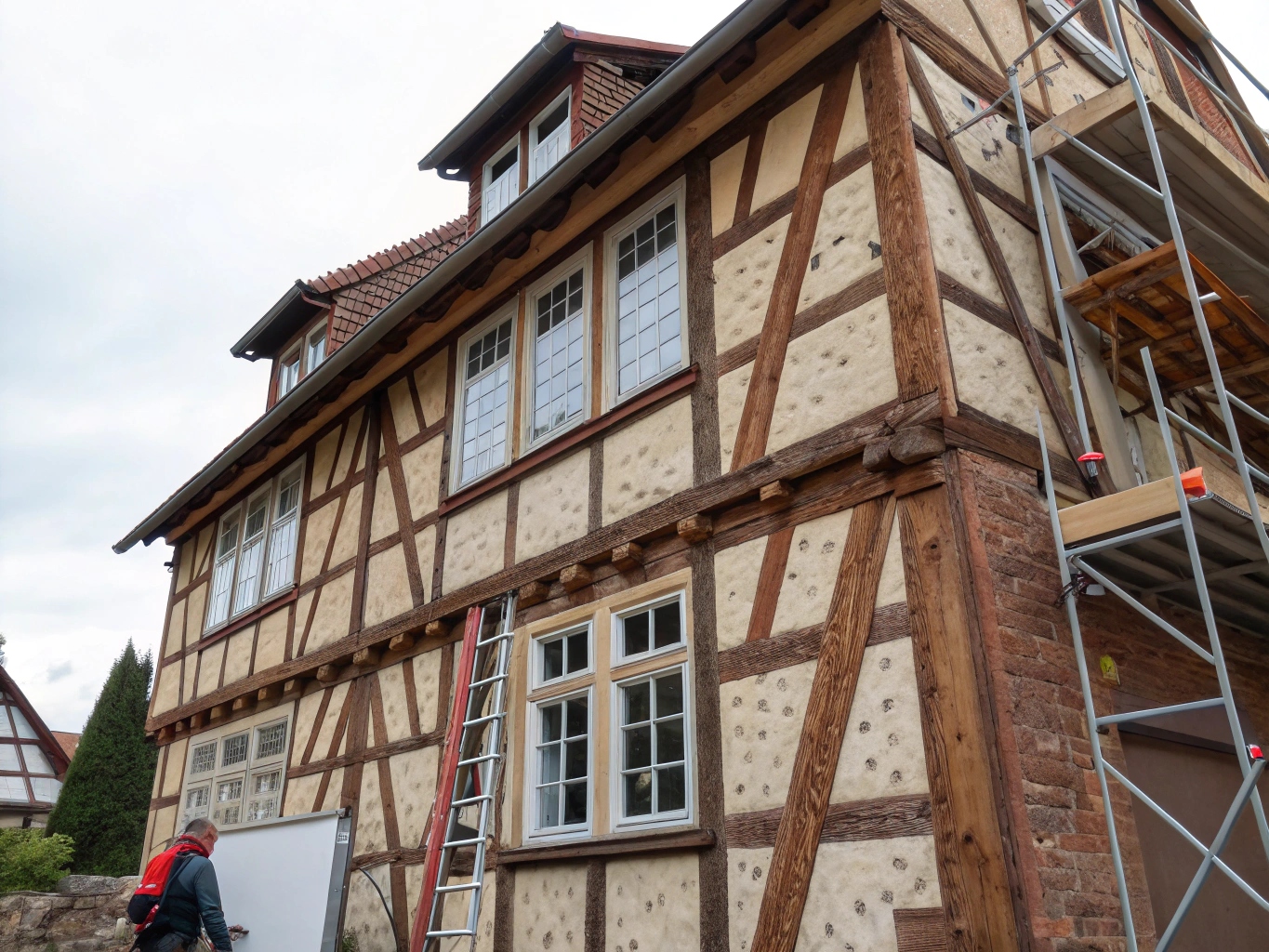 Détail d'une maison à colombages auboise en cours de rénovation, montrant l'isolation entre les poutres apparentes.
