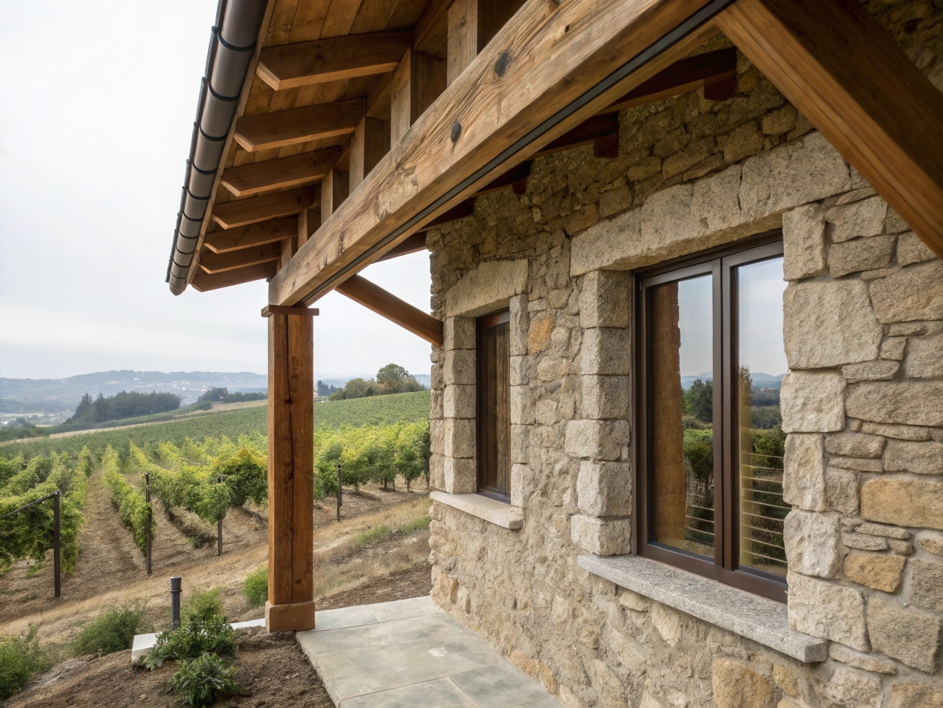Détail architectural d'une maison vigneronne audoise montrant l'isolation entre les poutres et la pierre apparente, avec vue sur les vignobles.