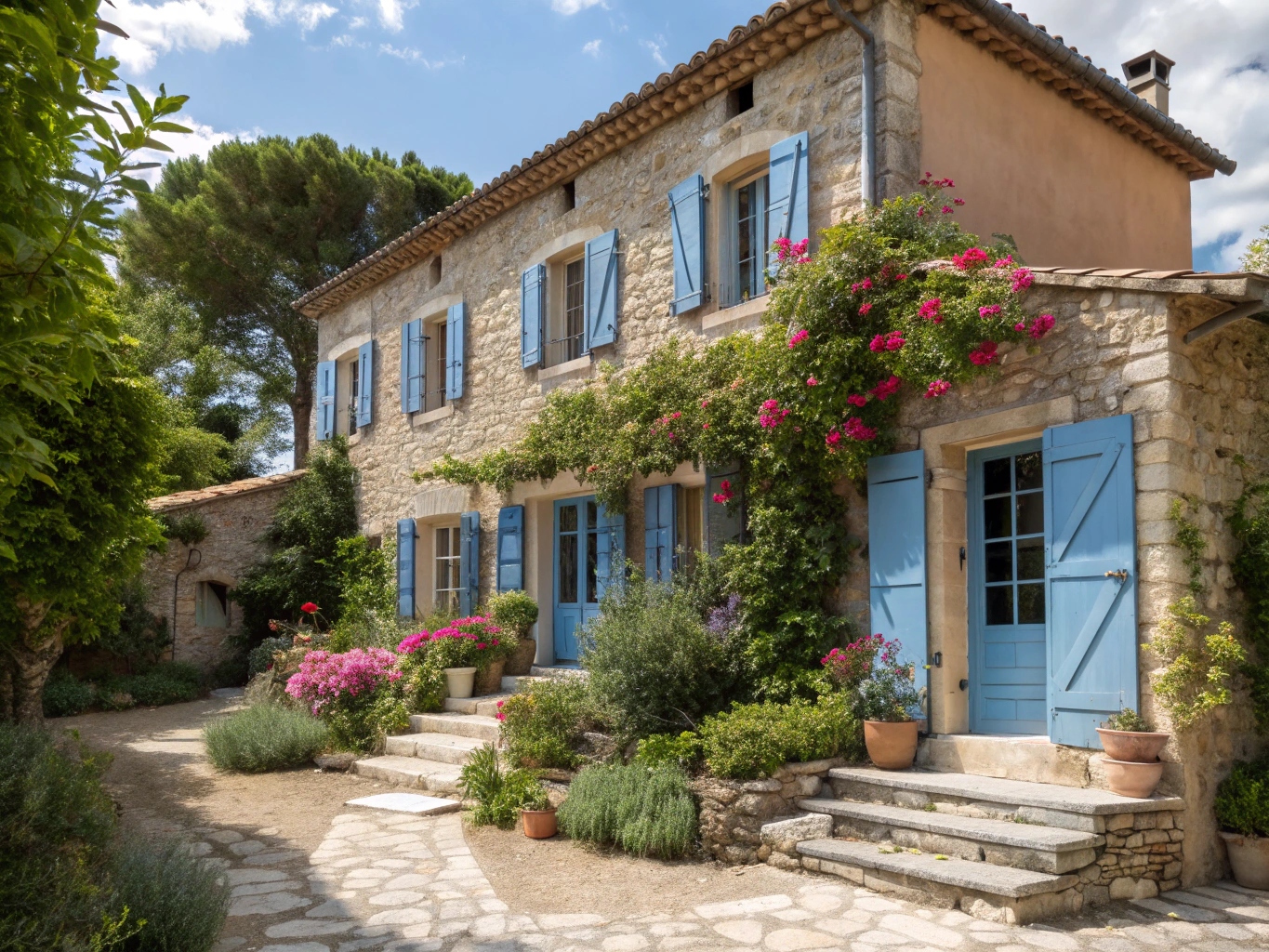Maison provençale traditionnelle avec ses volets bleus et son jardin méditerranéen, illustrant le cadre de vie typique des Bouches-du-Rhône.