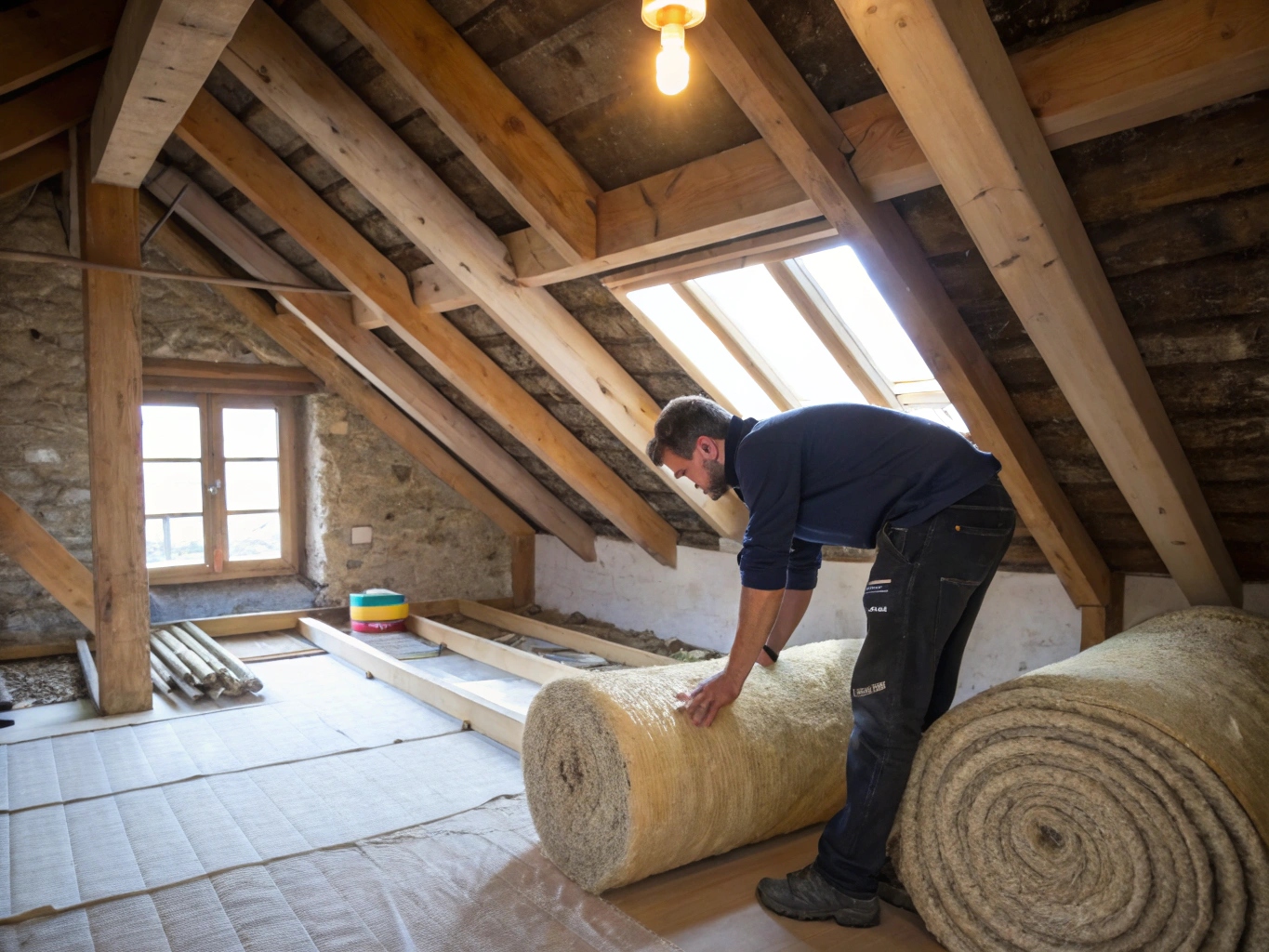 Artisan en train de poser une isolation dans les combles d'une maison provençale, illustrant les travaux d'amélioration thermique.