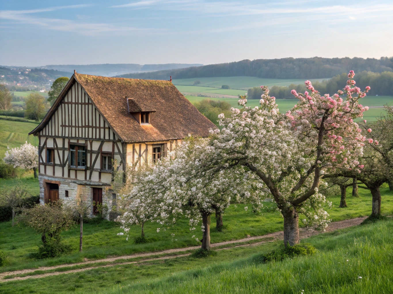 Paysage typique du Calvados avec une maison à colombages et des pommiers en fleurs, illustrant le cadre de vie normand.
