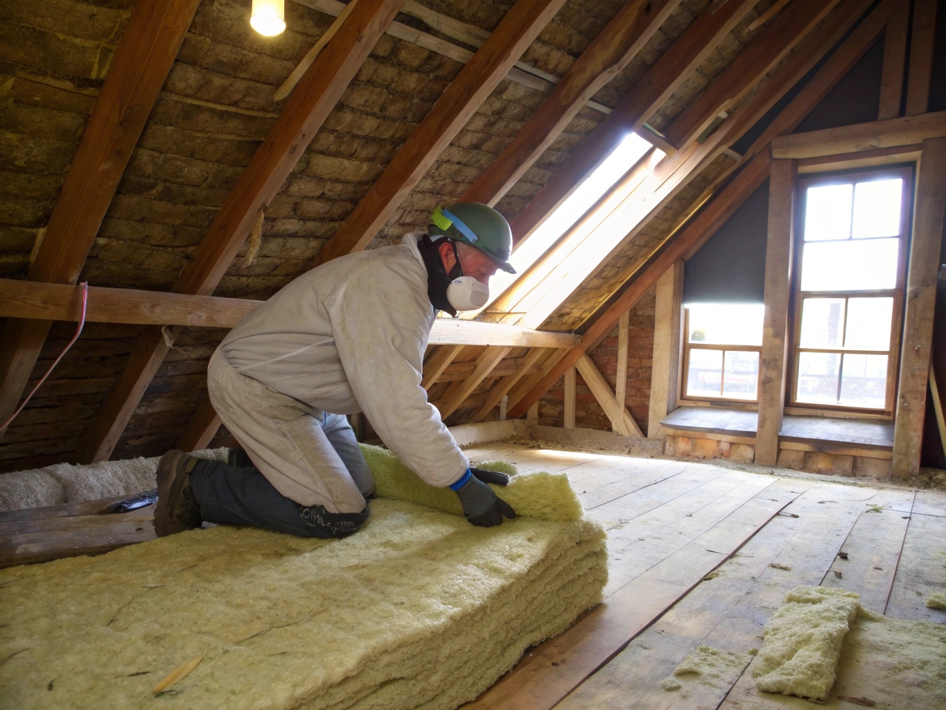 Artisan en train de poser une isolation en laine minérale dans les combles d'une maison normande, illustrant les travaux d'amélioration thermique.