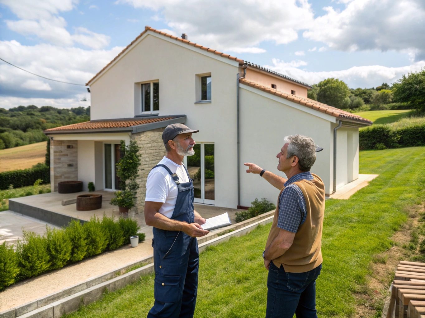 Artisan en train de discuter avec un client devant sa maison en Charente-Maritime