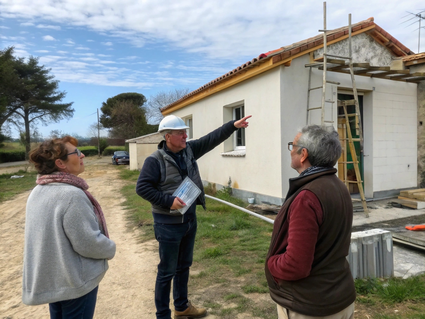 Artisan expliquant les travaux d'isolation à ses clients en Charente-Maritime