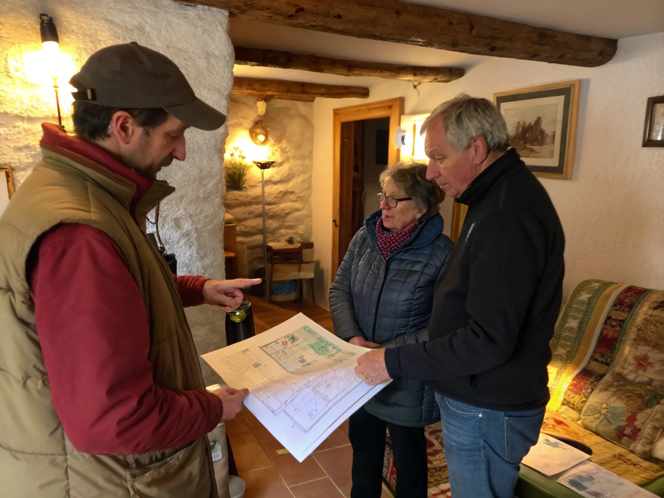 Artisan expliquant les travaux d'isolation à un couple de clients dans le Cher