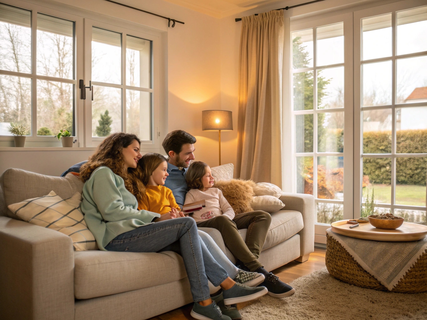 Famille dans un salon bien isolé et confortable dans le Cher