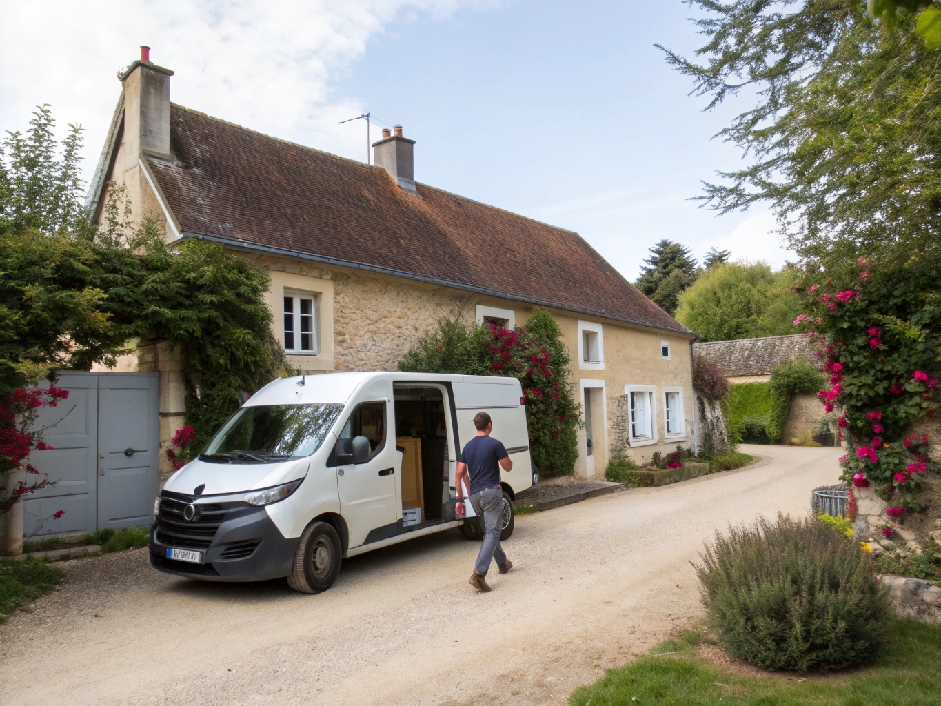 Artisan qui arrive avec son camion devant la maison de ses clients qui l'attendent