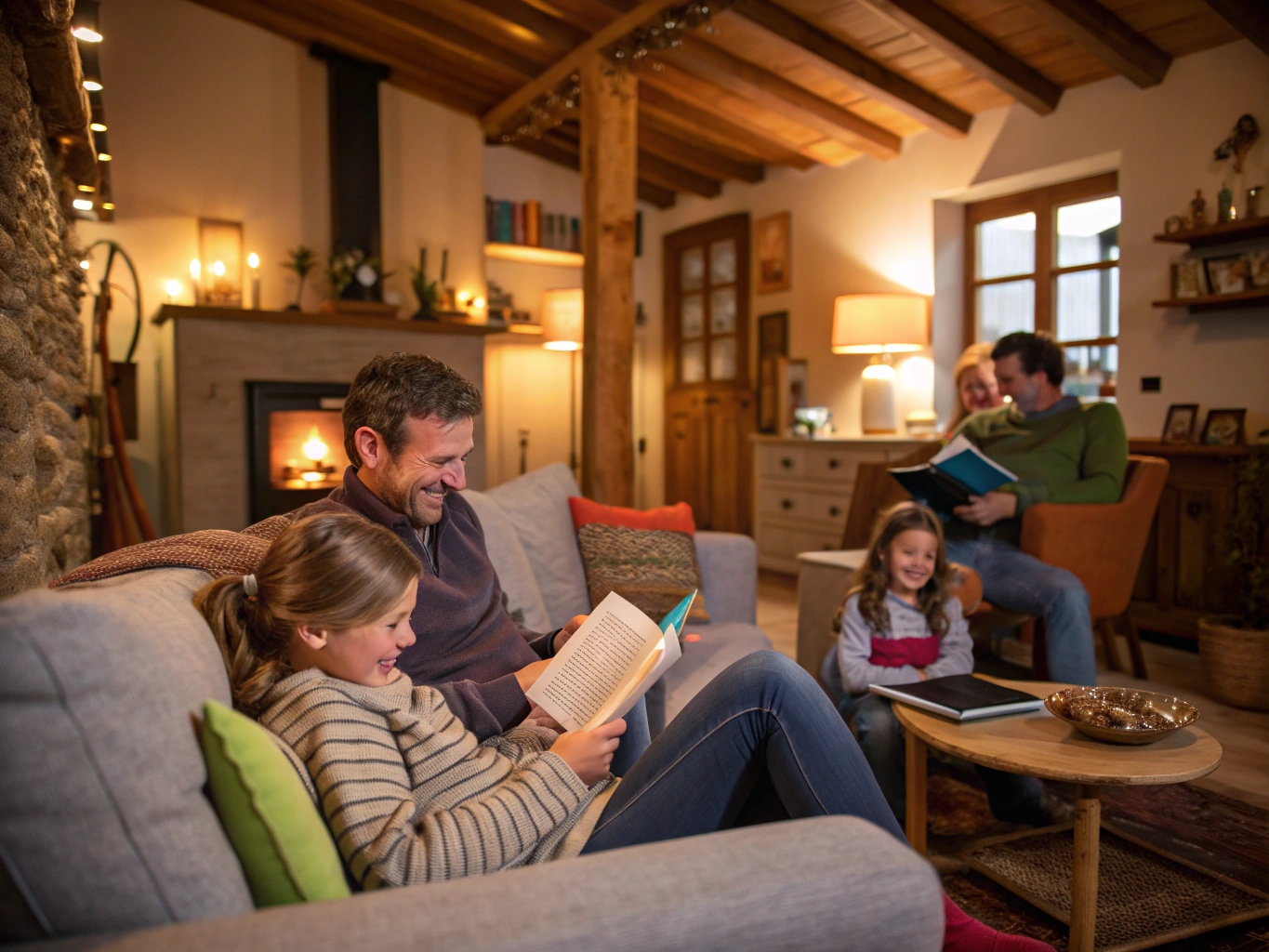 Famille profitant d’un salon chaleureux grâce à une bonne isolation en Bretagne