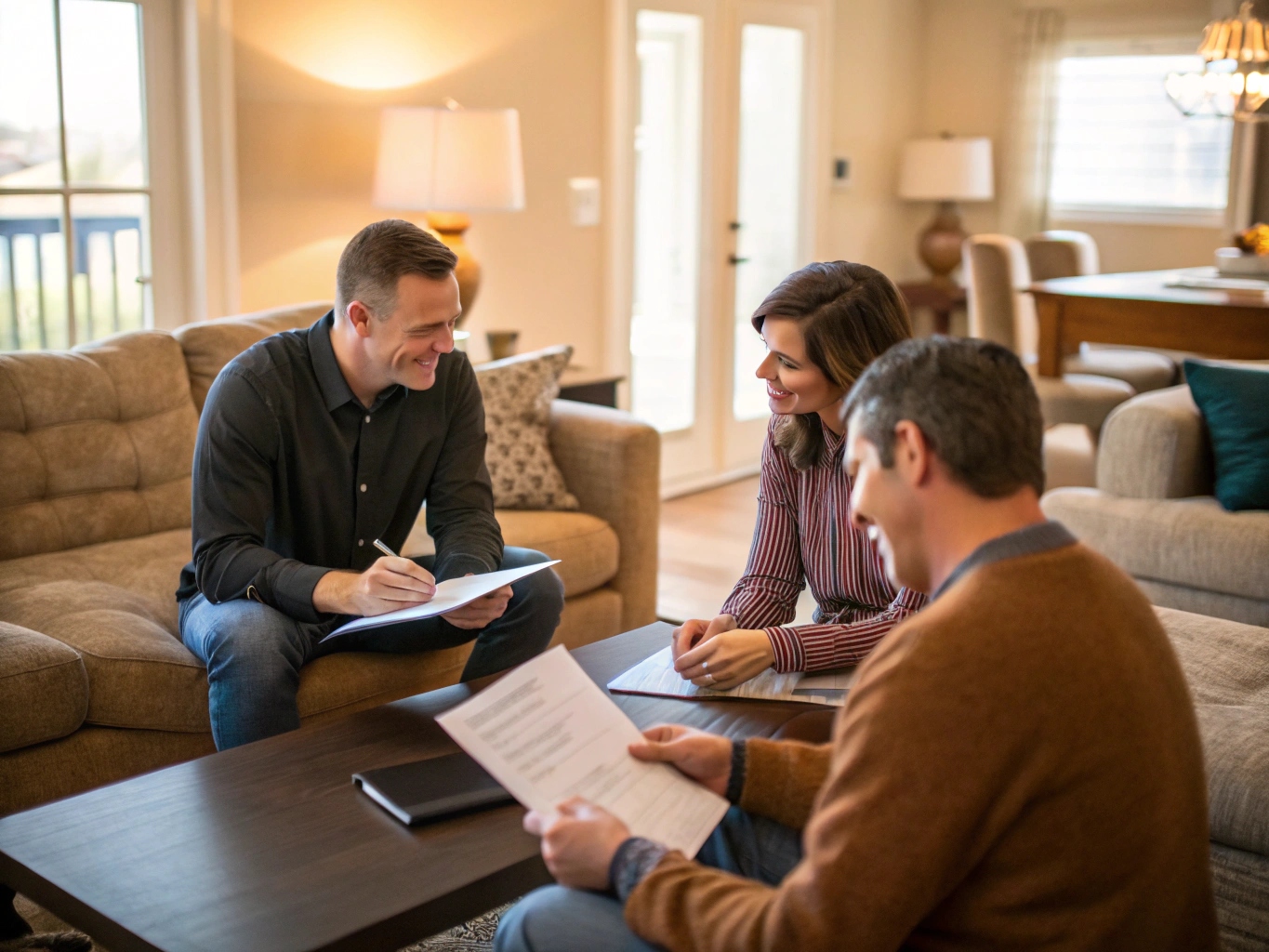 Professionnel préparant un devis d'isolation avec ses clients dans le salon