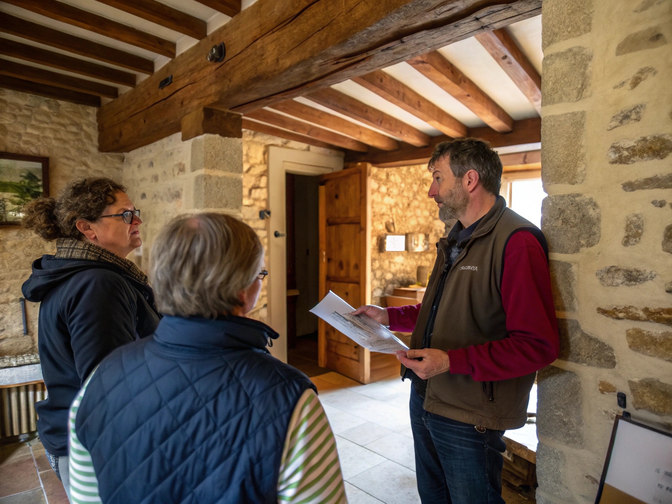 Artisan montrant des devis d'isolation à un couple de clients dans une maison en Dordogne