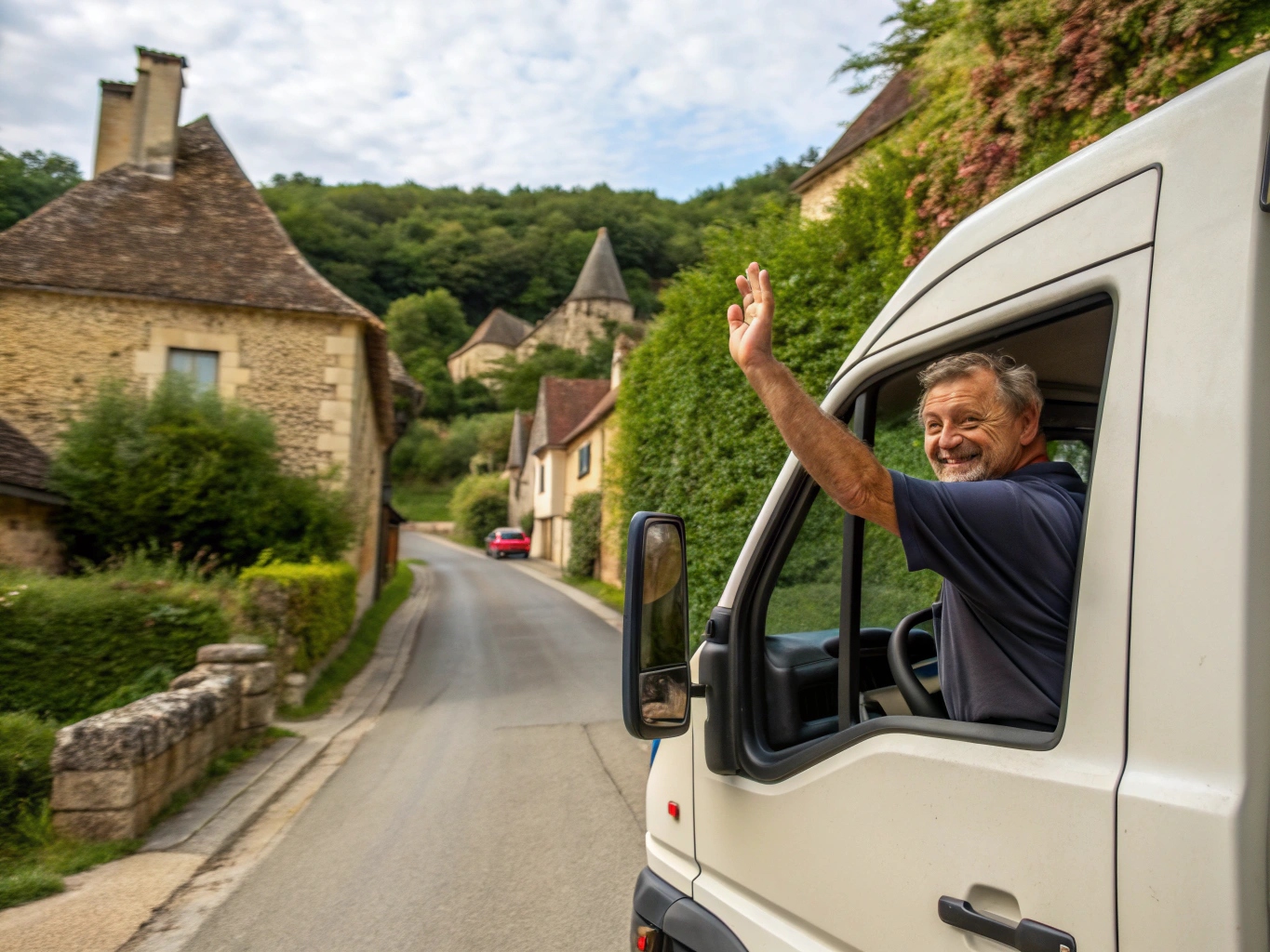 Artisan qui salue ses clients à la fenêtre de son camion en Dordogne