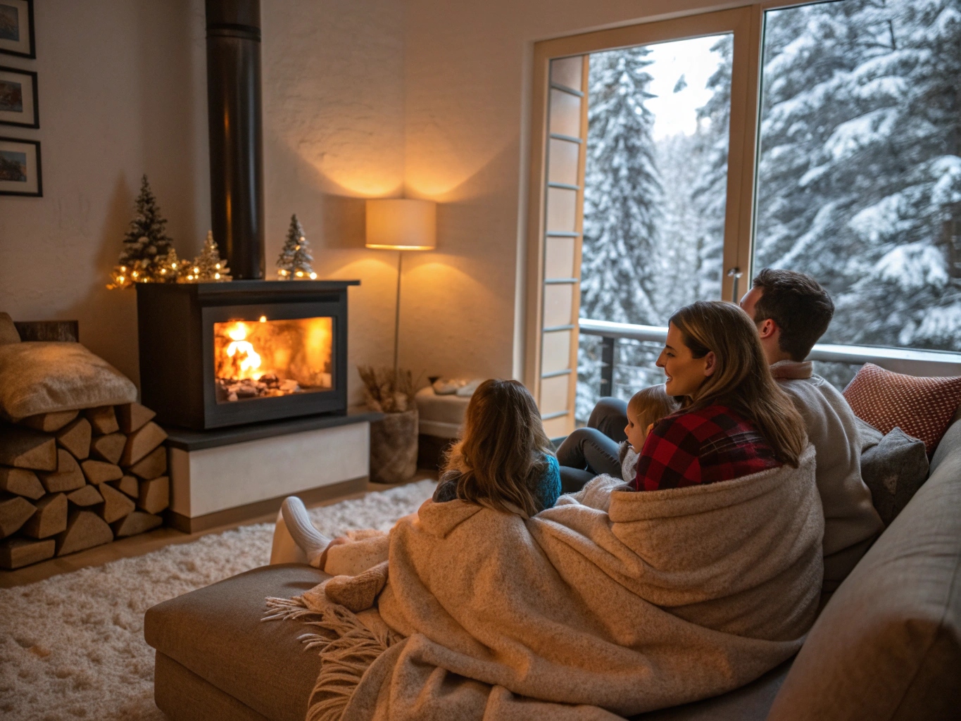 Famille bien au chaud en plein hiver dans leur salon du Doubs