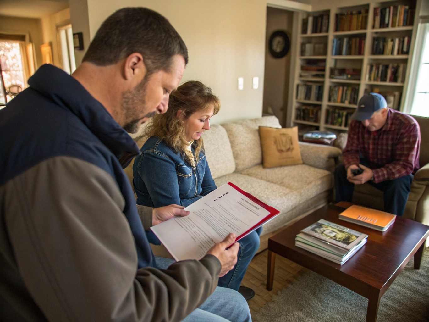 Un artisan local montre des devis d’isolation à un couple dans leur salon