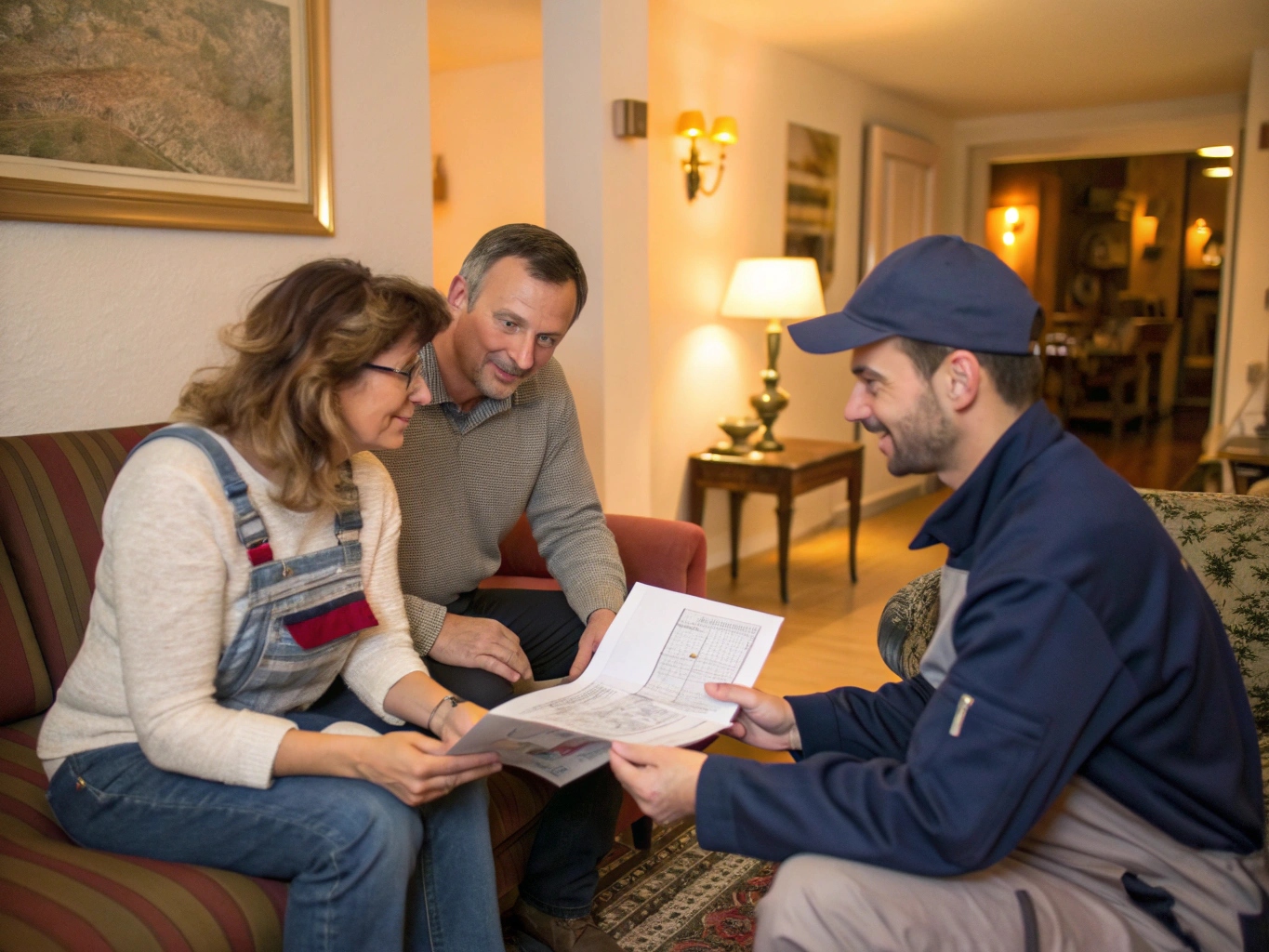 Un couple drômois discute avec un artisan RGE dans leur maison