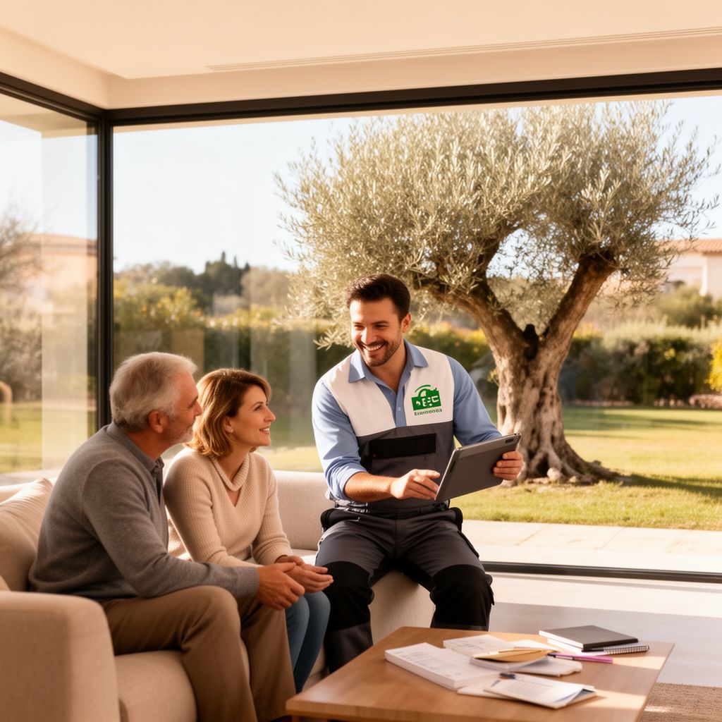 Un artisan spécialiste de l'isolation souriant, en tenue de travail propre avec logo RGE, expliquant sur une tablette les économies d'énergie à un couple de propriétaires dans le salon d'une villa moderne à Nîmes, grande baie vitrée donnant sur un jardin méditerranéen avec un olivier, lumière naturelle chaleureuse, photoréaliste.