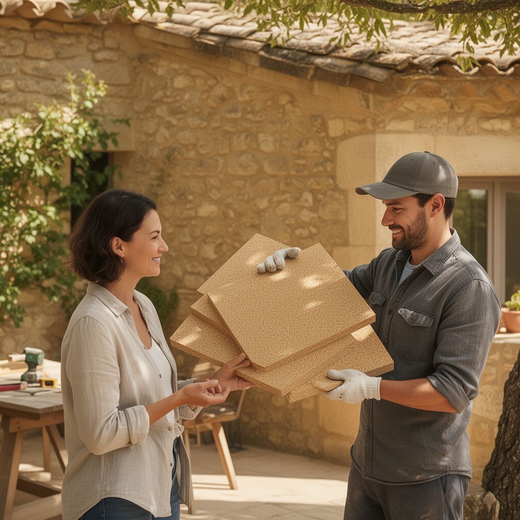 Un artisan qualifié montrant un échantillon de panneau d'isolation en fibre de bois écologique à une cliente, sur la terrasse ombragée d'un mas traditionnel gardois en pierres apparentes vers Uzès, ambiance conviviale et professionnelle, style photo magazine d'architecture.