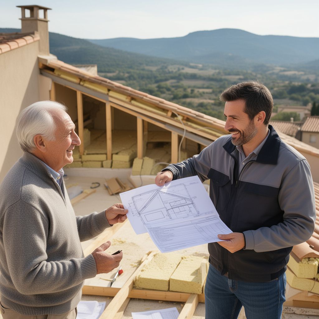 Un technicien en isolation thermique présentant un devis détaillé et un schéma d'isolation de combles à un client senior dans une maison lumineuse à Alès, vue extérieure sur les collines des Cévennes, interaction professionnelle chaleureuse, rendu ultra-réaliste.