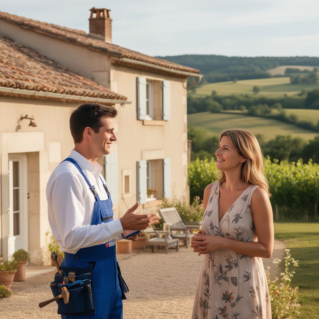 Un artisan RGE en tenue de travail propre discutant aimablement avec une cliente devant une belle maison de campagne rénovée en Haute-Garonne, paysage de collines verdoyantes du Lauragais en arrière-plan.