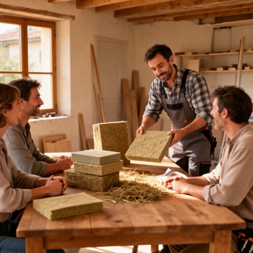 Un professionnel du bâtiment présente des échantillons d'isolants écologiques (laine de bois, chanvre) à des clients attentifs autour d'une table en bois dans une maison lumineuse du Gers, plan moyen