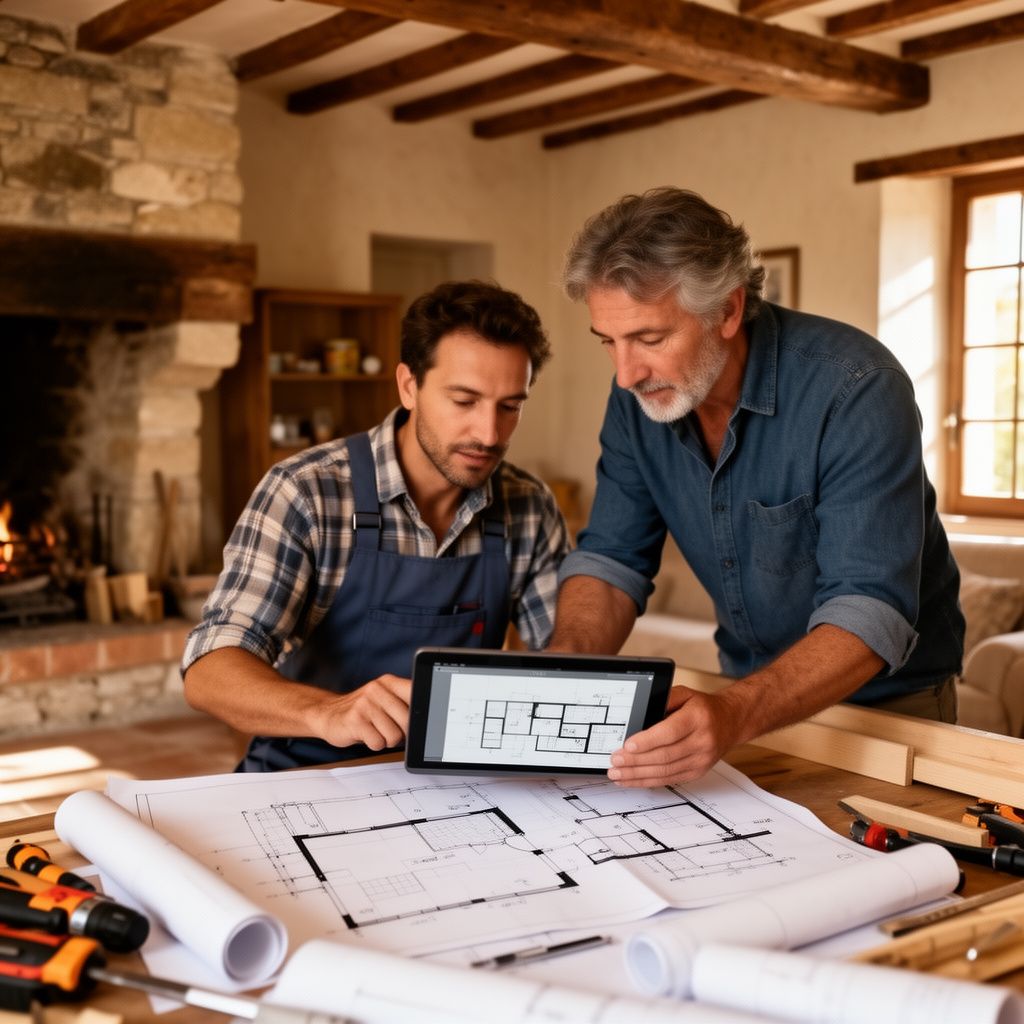Un artisan et un propriétaire analysent ensemble un plan de rénovation sur une tablette numérique dans le salon chaleureux d'une maison gersoise