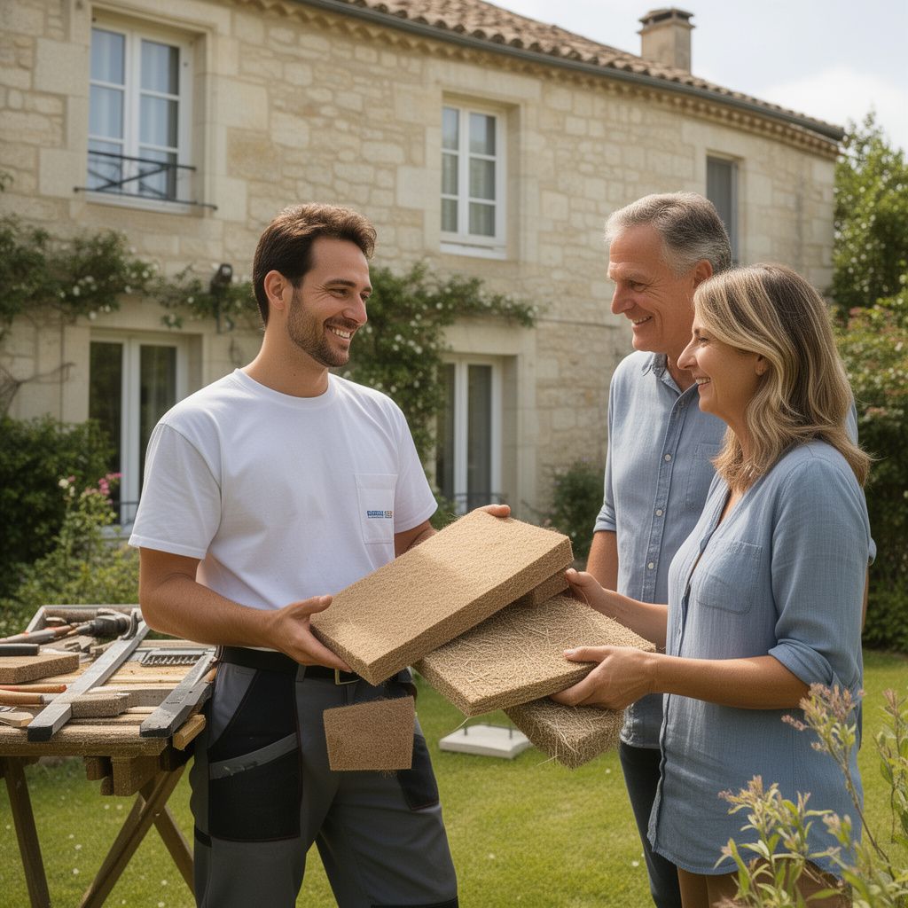 Un artisan isolation certifié RGE souriant en Gironde présent des échantillons de laine de bois et de fibre végétale à un couple de propriétaires dans leur jardin devant une maison en pierre bordelaise