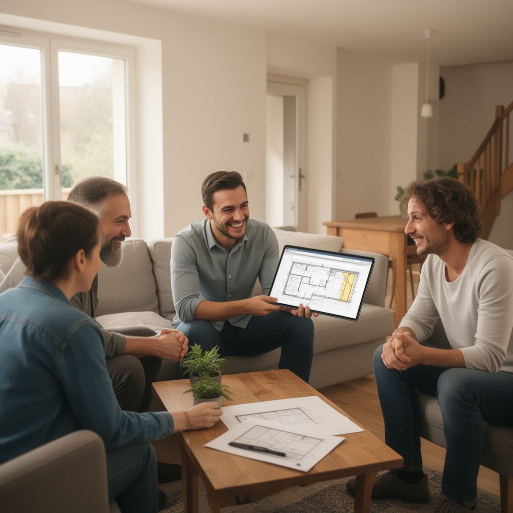 Un conseiller en rénovation énergétique souriant présentant un plan de rénovation d'isolation sur une tablette tactile à des propriétaires dans le salon lumineux d'une maison rénovée à Rennes