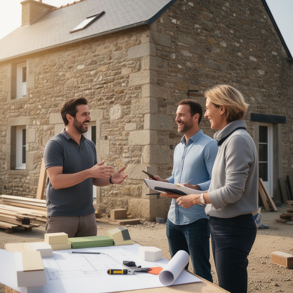 Une réunion de chantier conviviale à l'extérieur d'une longère bretonne en pierre près de Saint-Malo, un professionnel et des clients discutent des travaux d'isolation en souriant sous un soleil doux.