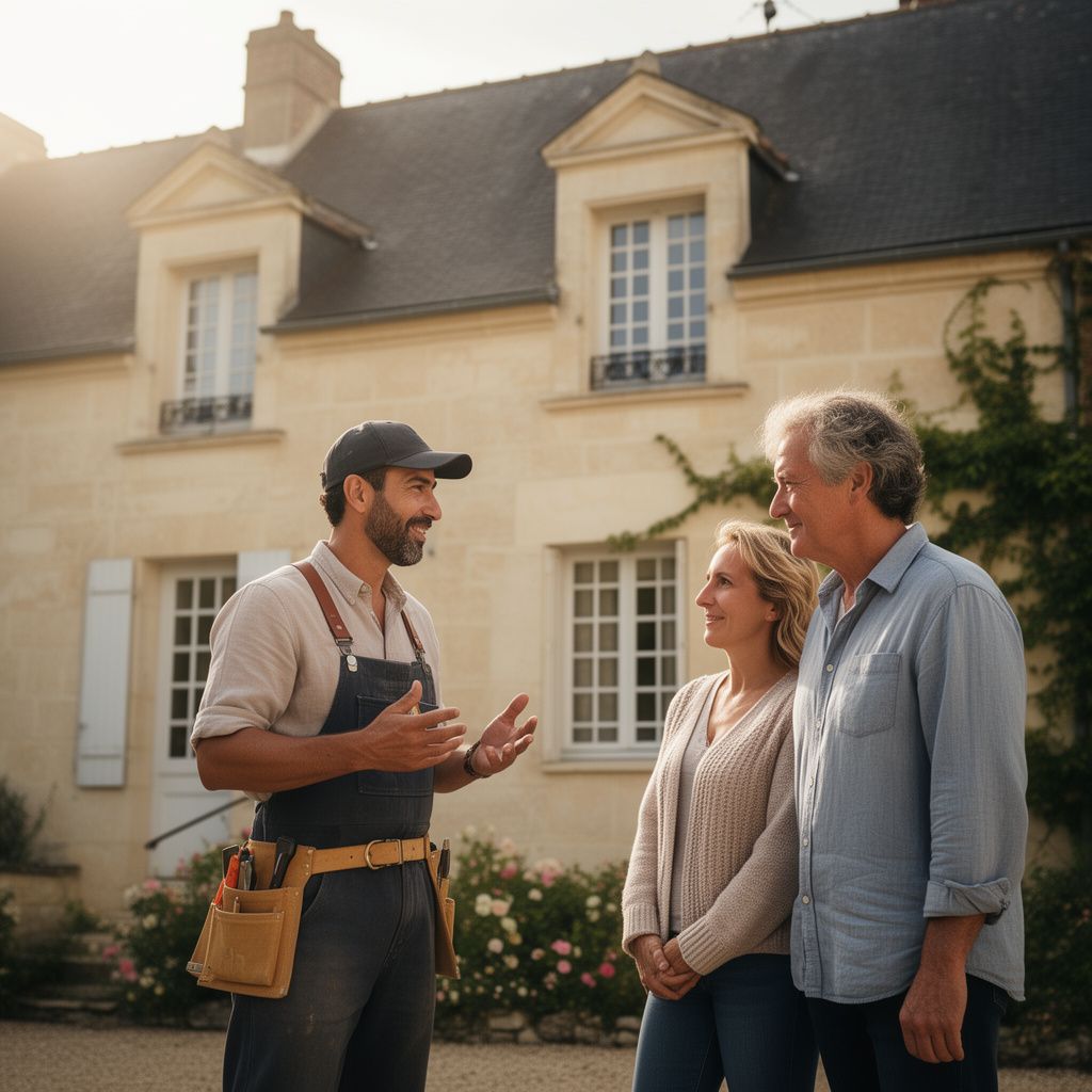 Un artisan chaleureux en tenue professionnelle discutant avec un couple de propriétaires devant une maison ancienne typique de Touraine avec des façades en tuffeau, lumière douce du matin dans le Val de Loire.