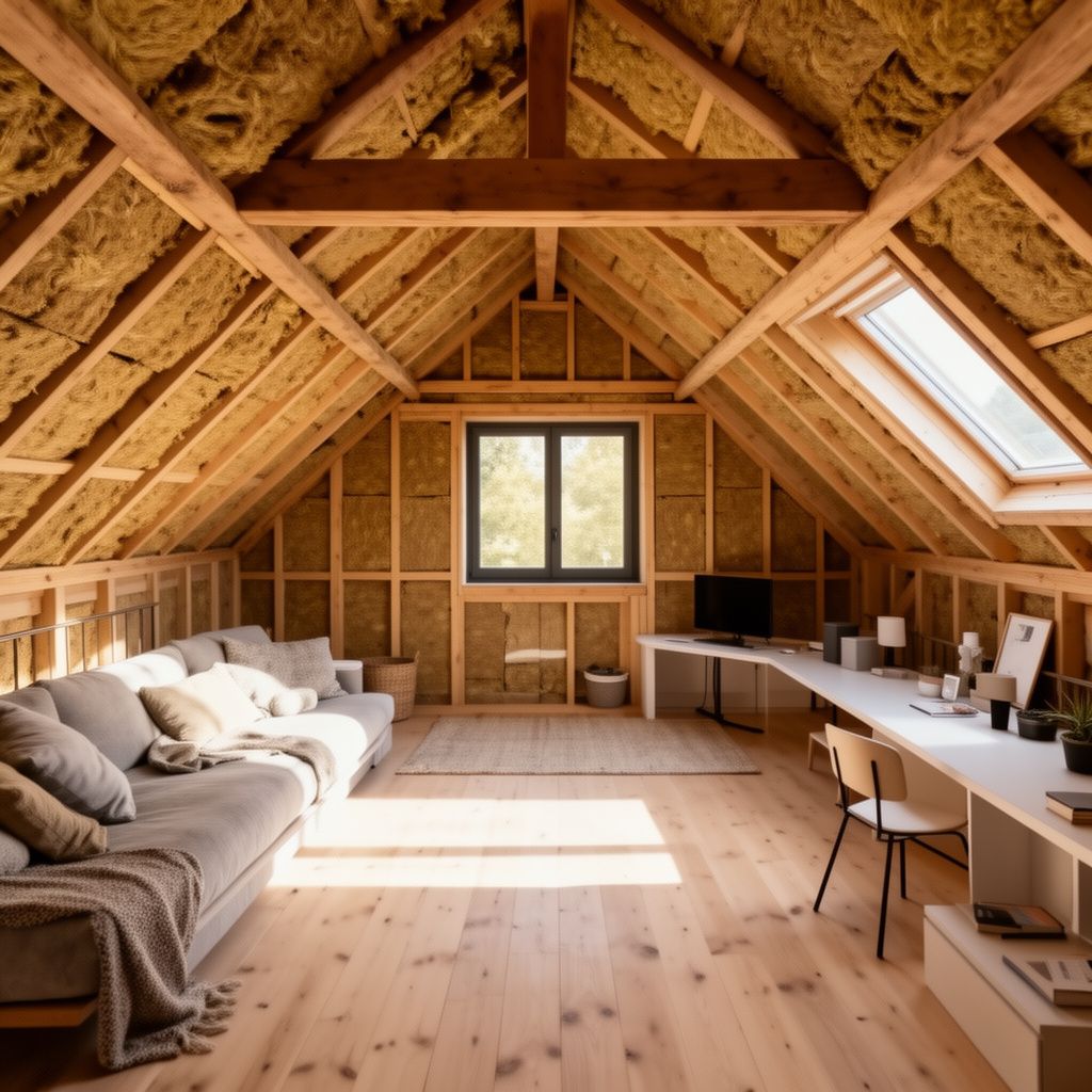 Vue d'intérieur d'un comble aménagé et lumineux, avec des matériaux d'isolation biosourcés bien visibles, ambiance cosy et moderne dans une maison de campagne en Indre-et-Loire.