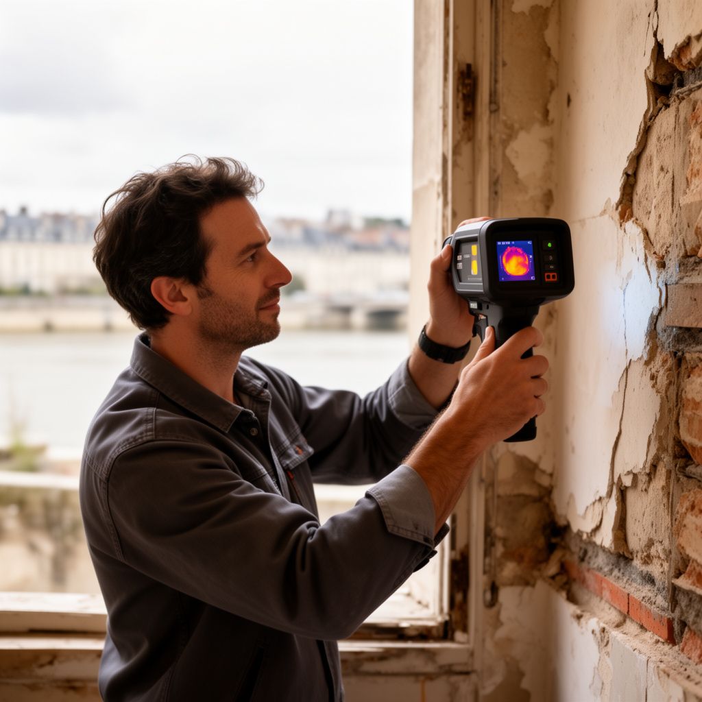 Un expert en rénovation énergétique examinant les murs d'une bâtisse historique à Tours, utilisant une caméra thermique, ambiance professionnelle et confiante, avec les bords de Loire en arrière-plan flouté.