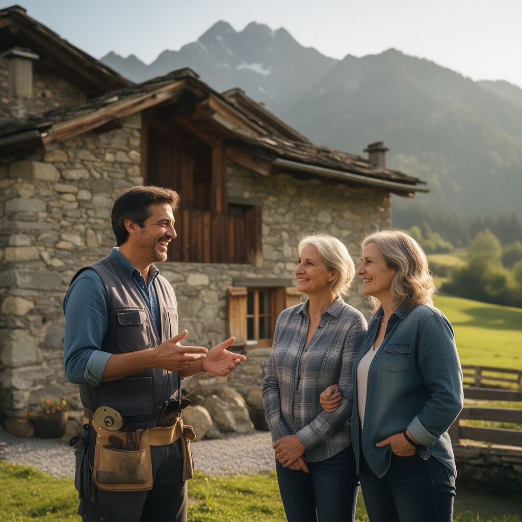 Un artisan chaleureux en gilet de travail discutant souriant avec un couple de propriétaires devant leur maison traditionnelle en pierre et bois en Isère, avec des montagnes en arrière-plan sous un ciel lumineux.