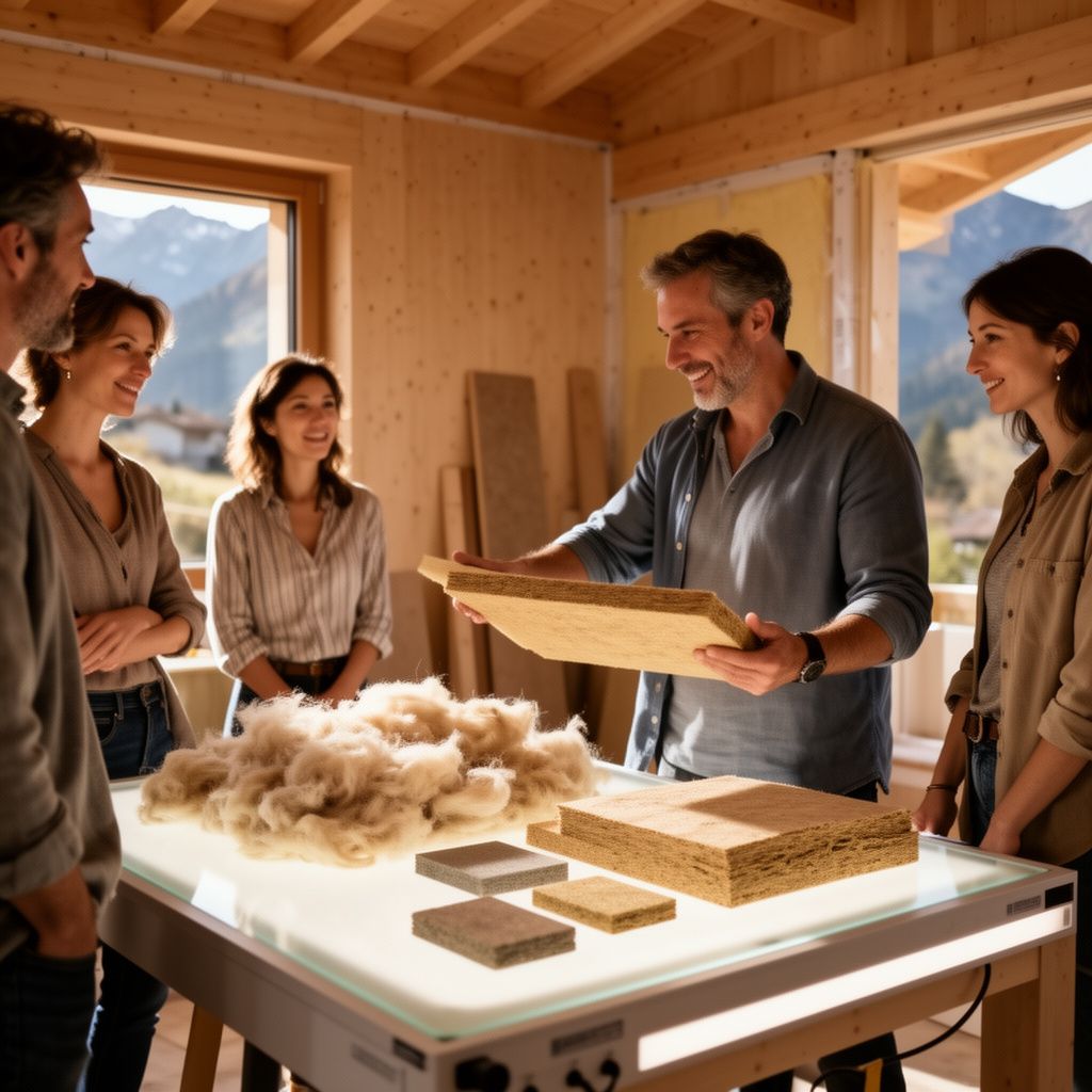 Un expert en isolation présentant des échantillons de matériaux écologiques (fibre de bois, ouate) sur une table lumineuse à des clients attentifs dans une maison rénovée du Grésivaudan.