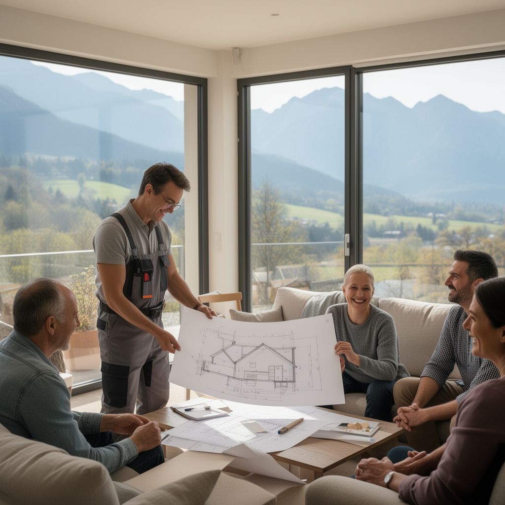 Un conseiller technique en rénovation énergétique échangeant des plans de maison avec des clients souriants dans un salon lumineux avec vue sur les paysages isérois.