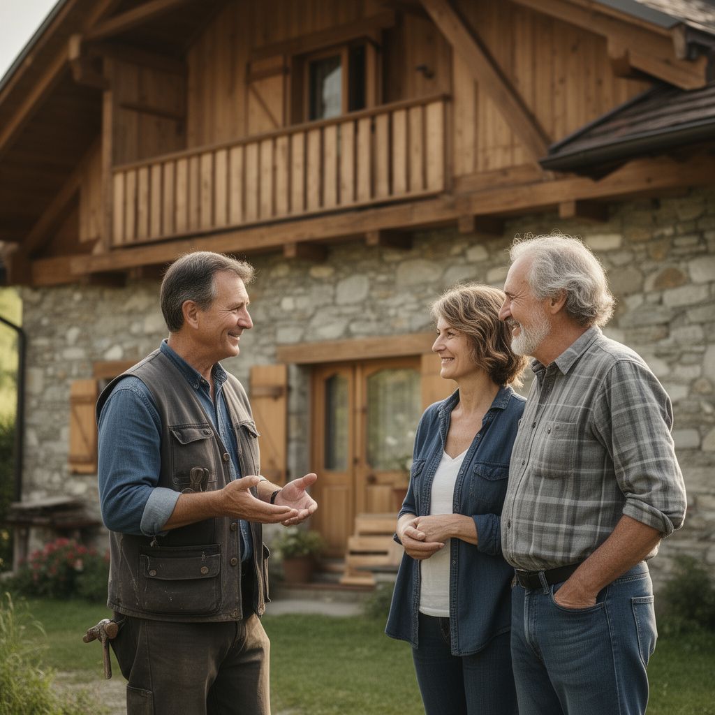 Un artisan chaleureux en gilet de travail discute amicalement avec un couple de propriétaires devant une belle maison traditionnelle du Jura en pierre et bois, en plein jour.