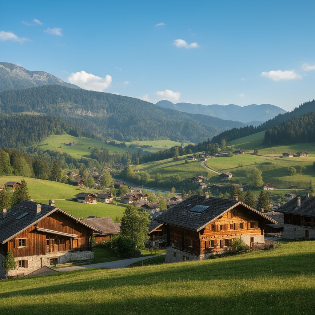 Vue panoramique lumineuse d'un paysage vallonné du Jura avec des chalets typiques au premier plan et des montagnes boisées à l'horizon, sous un ciel bleu.