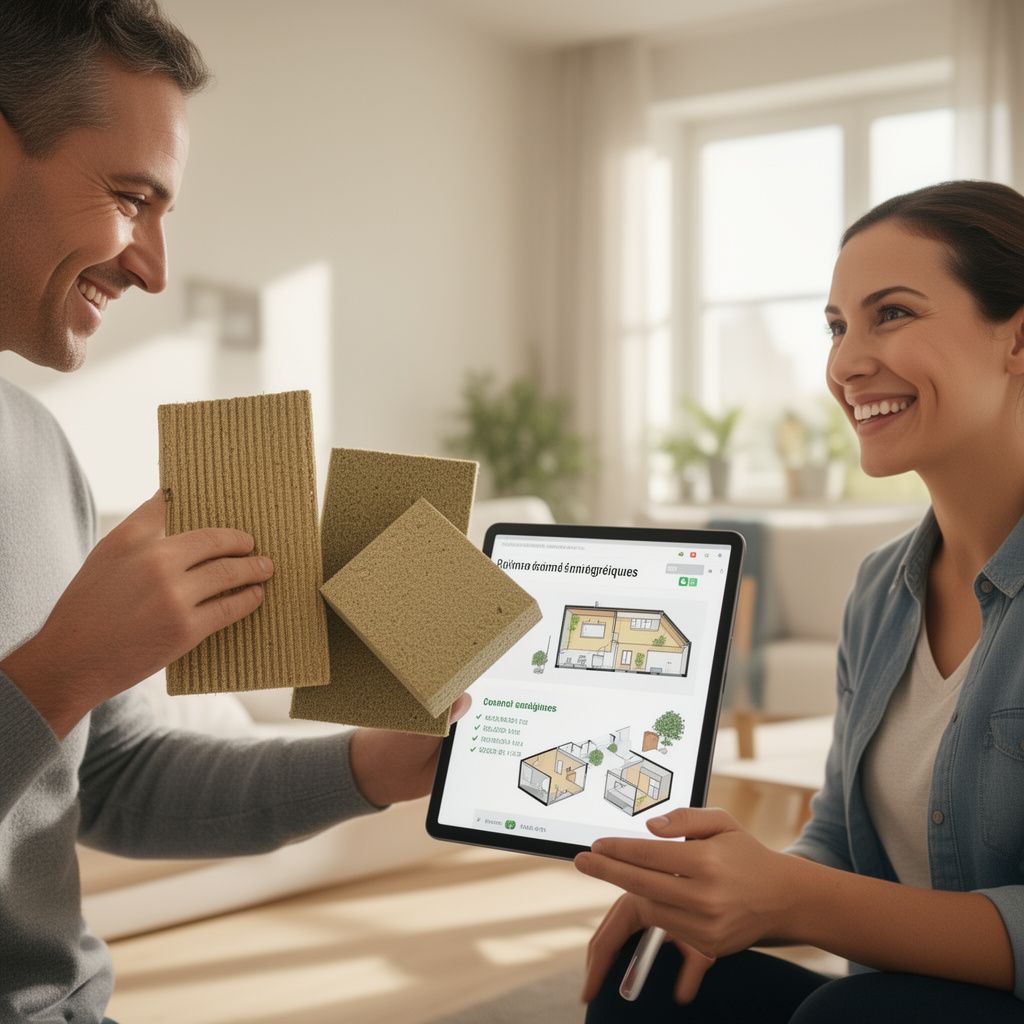 Un conseiller en rénovation énergétique présente des échantillons de matériaux isolants écologiques sur une tablette numérique à un client souriant, dans un intérieur lumineux.