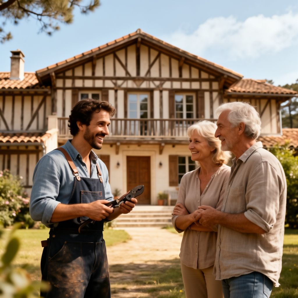 Un artisan souriant en tenue de travail discrète échangeant avec un couple de propriétaires devant une belle maison landaise traditionnelle, sous un ciel lumineux des Landes.