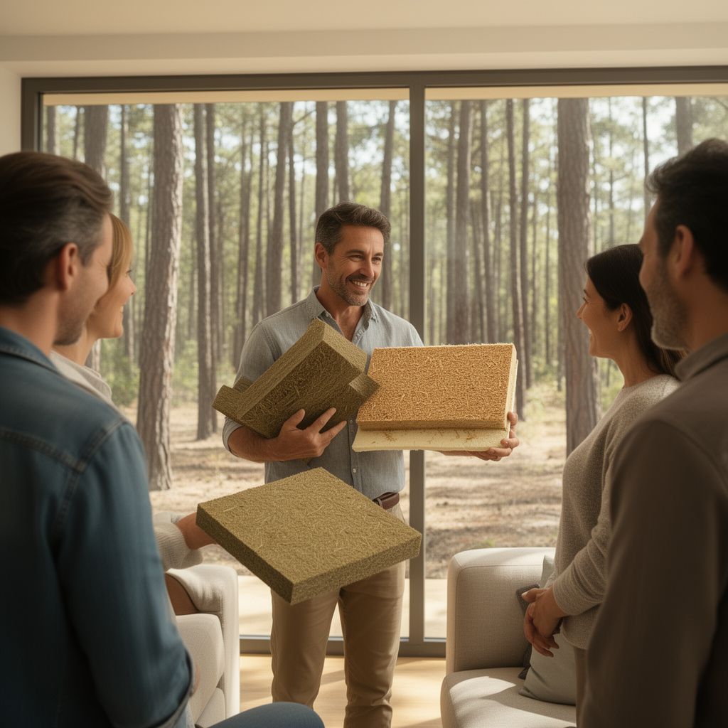 Un conseiller en isolation montrant des échantillons d'isolants écologiques (laine de bois, ouate de cellulose) à des clients, dans un salon lumineux avec vue sur la pinède landaise.