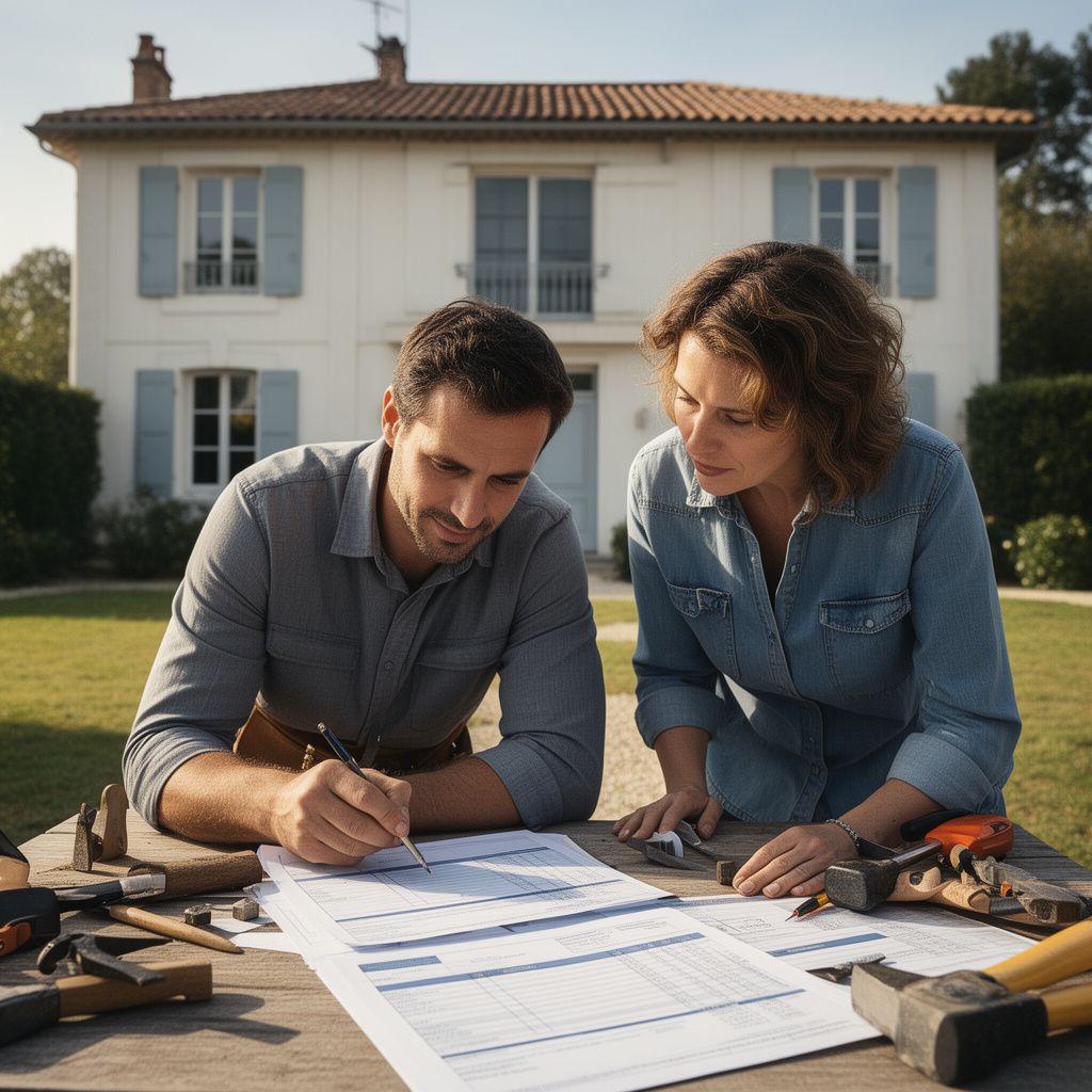 Un artisan et un client penchés sur des documents de devis de rénovation énergétique à l'extérieur, avec en arrière-plan une maison typique de la région de Dax.