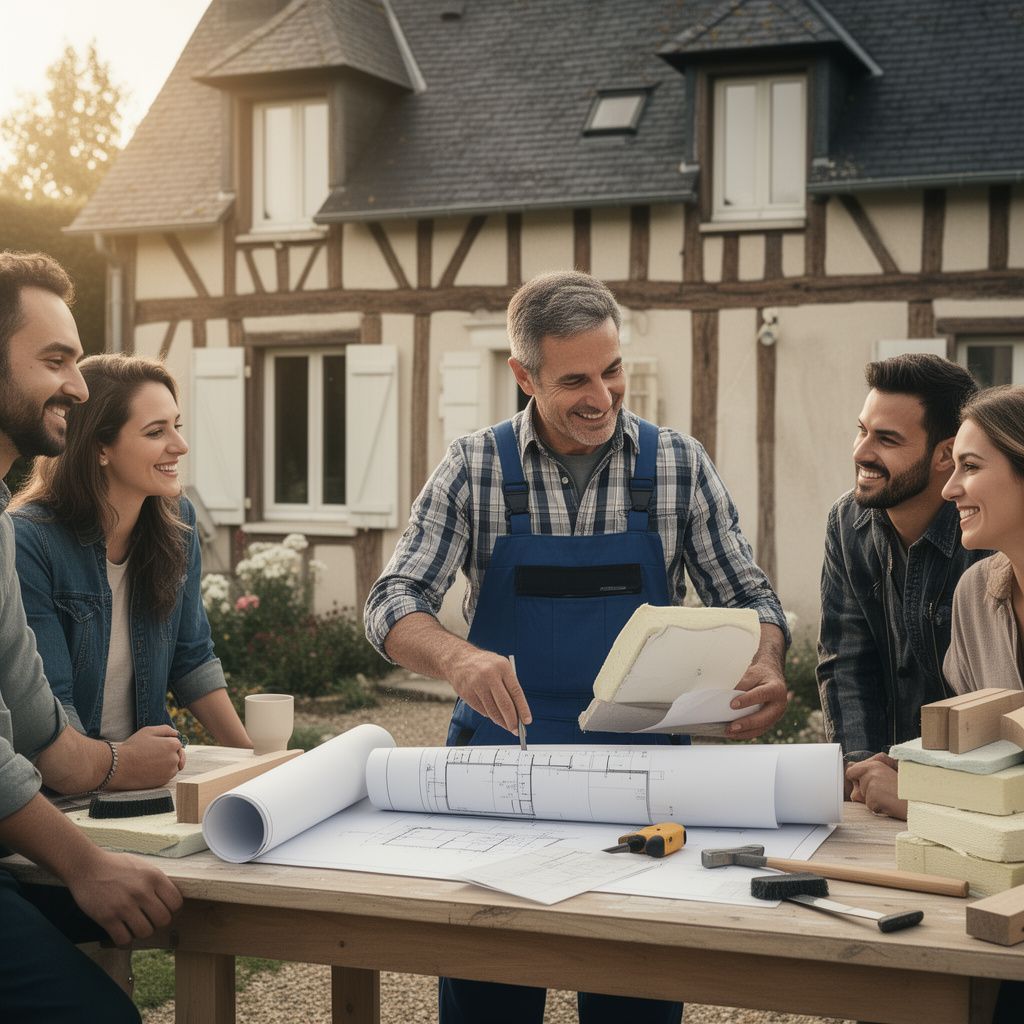 Un artisan chaleureux en tenue professionnelle consultant des plans d'isolation sur une table avec des clients souriants, devant une maison traditionnelle de Loire-Atlantique