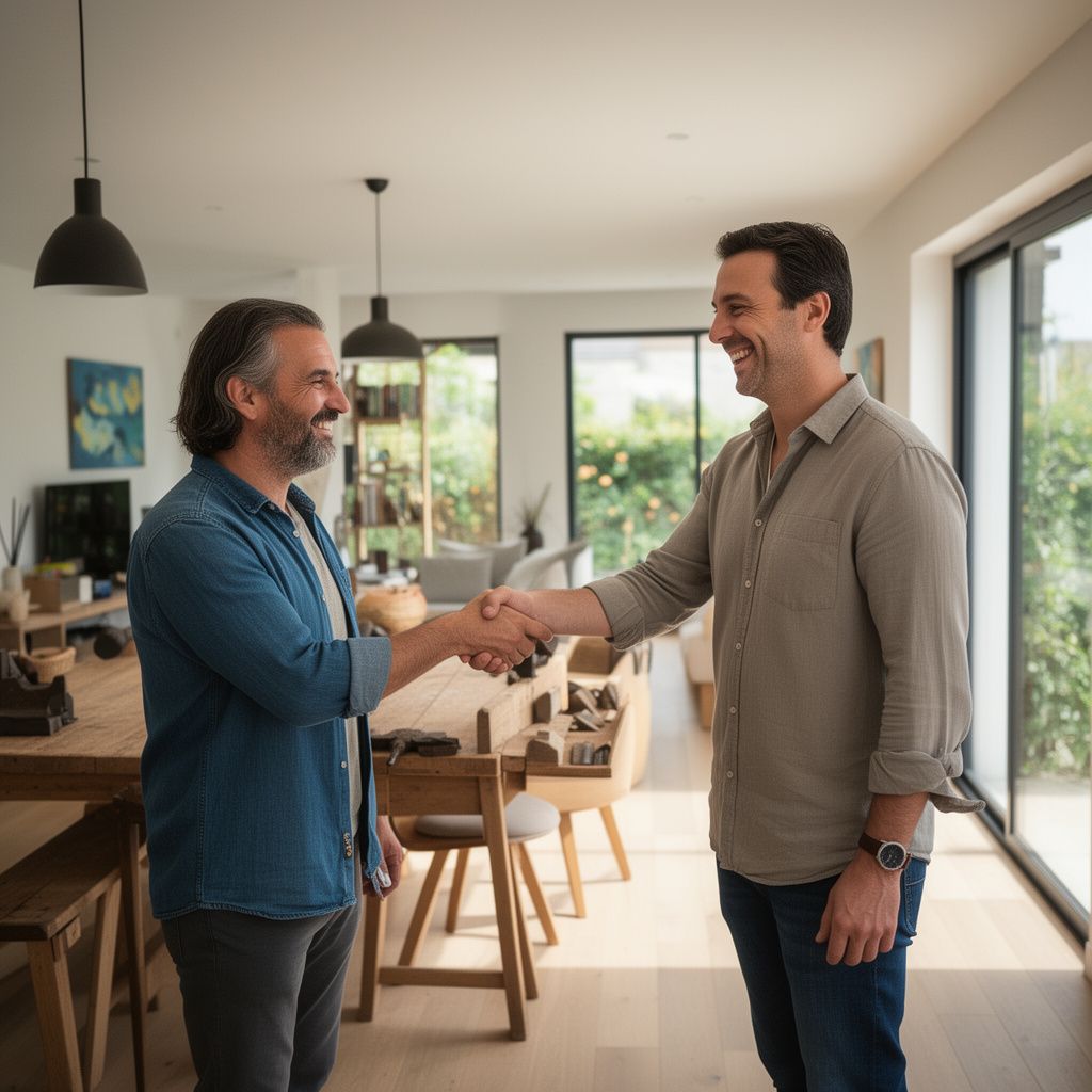 Un artisan et un client souriant se serrant la main dans une pièce de vie moderne et lumineuse d'une maison en Loire-Atlantique