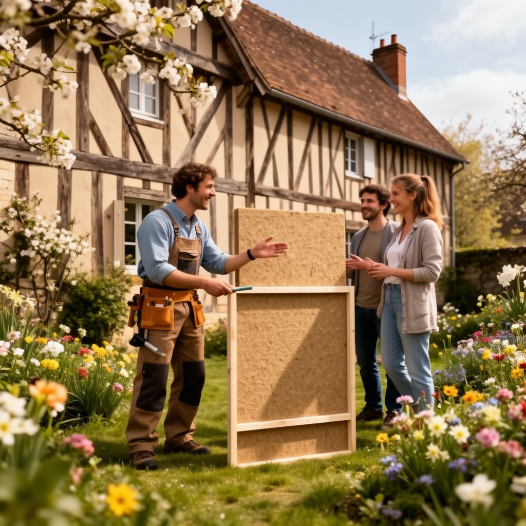 Une jolie maison traditionnelle à colombages du Loiret, entouré lee d'un jardin verdoyant fleuri de printemps, avec un artisan en tenue de travail expliquant à un couple de clients les performances écologiques d'un panneau de laine de bois.